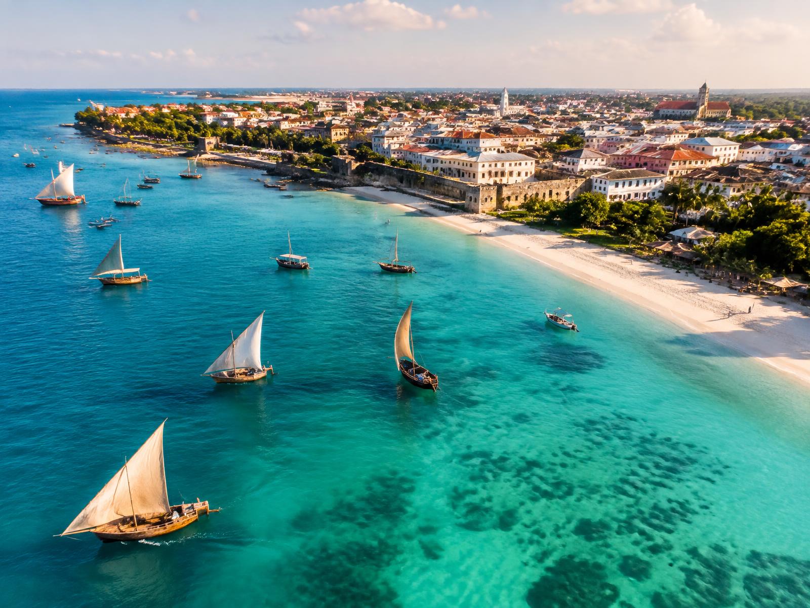 Zanzibar coastline with dhows and Stone Town